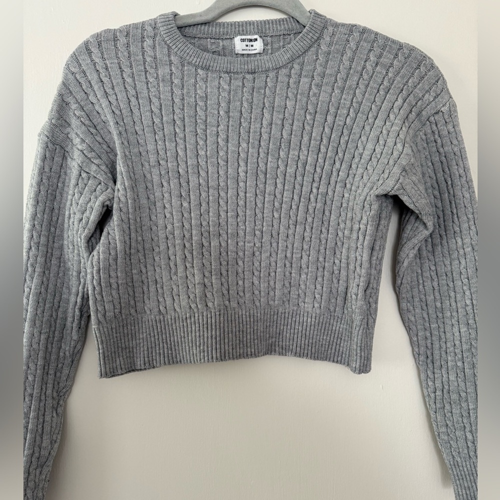 Cotton On Gray Crew Neck Cropped Cable Knit Sweater